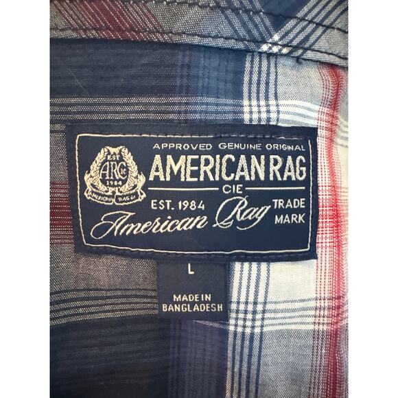 Men's L Short Sleeve Cotton Western Covered Snap Button Plaid Blue American Rag - Picture 5 of 6